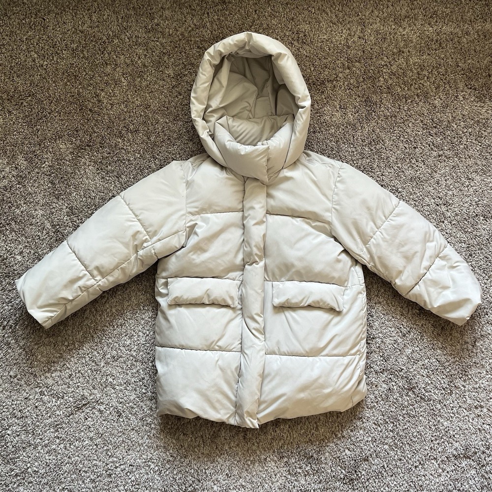 Zara Puffer Coat Girls 8/9 Cream Full Zip Hood